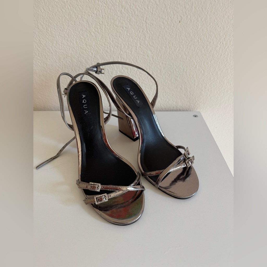 Aqua Shiny Silver Block Heels
